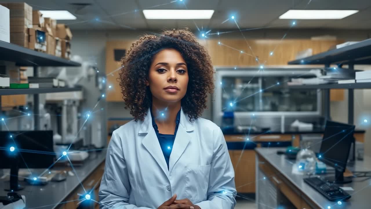 Responding to pulsing network overlay, scientist in lab coat clasping hands in lab, with monitor