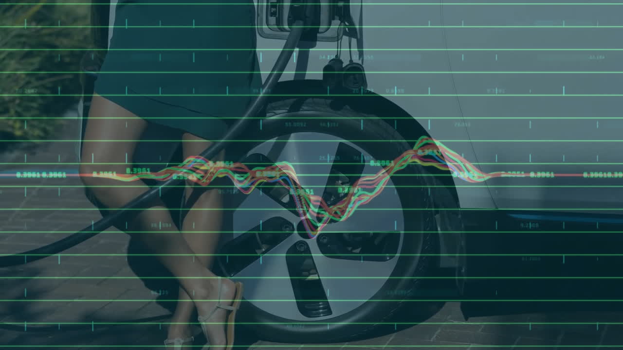 카우카스 여성이 전기차를 충전하는 데이터 처리의 애니메이션