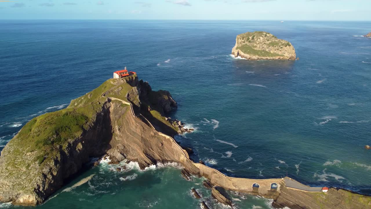 Aerial view of Gaztelugatxe scenic hermitage dedicated to John the Baptist in Spain Basque Country
