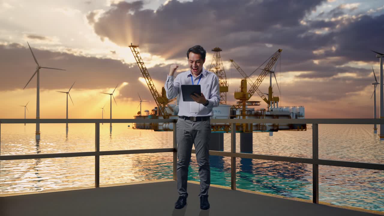 un hombre de negocios celebra el éxito en un parque eólico en alta mar.