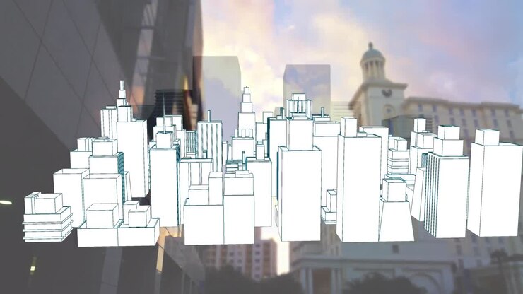 Animação de desenho de cidade 3D girando sobre paisagem urbana.