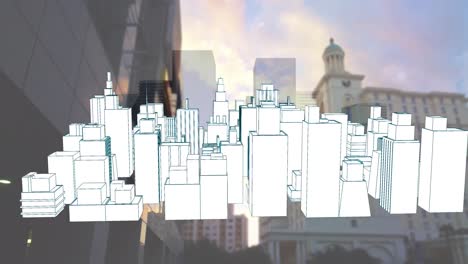 animation of 3d city drawing spinning over cityscape