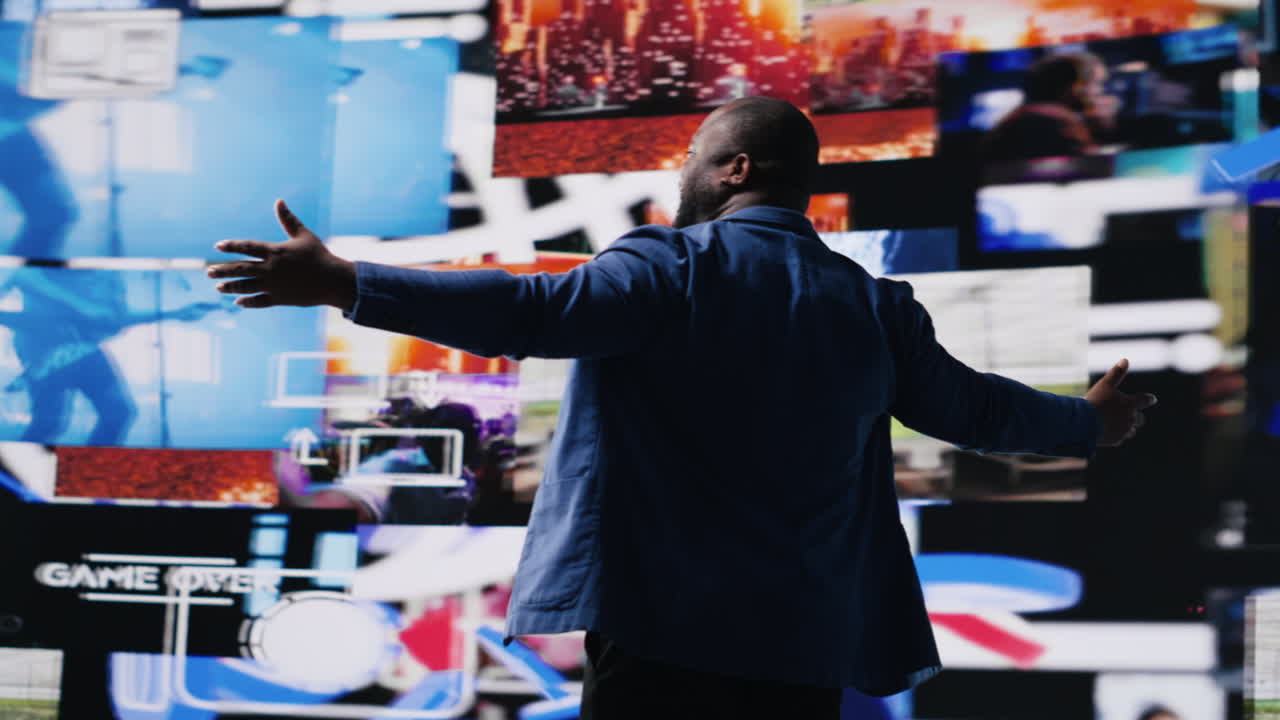 African american man connected to a global network through mobile devices