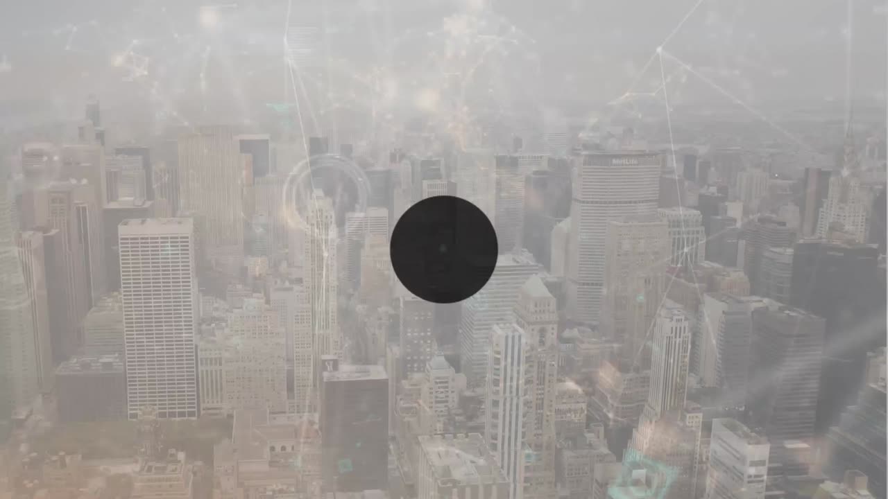 Animation of connected icons over changing numbers against aerial view of modern cityscape