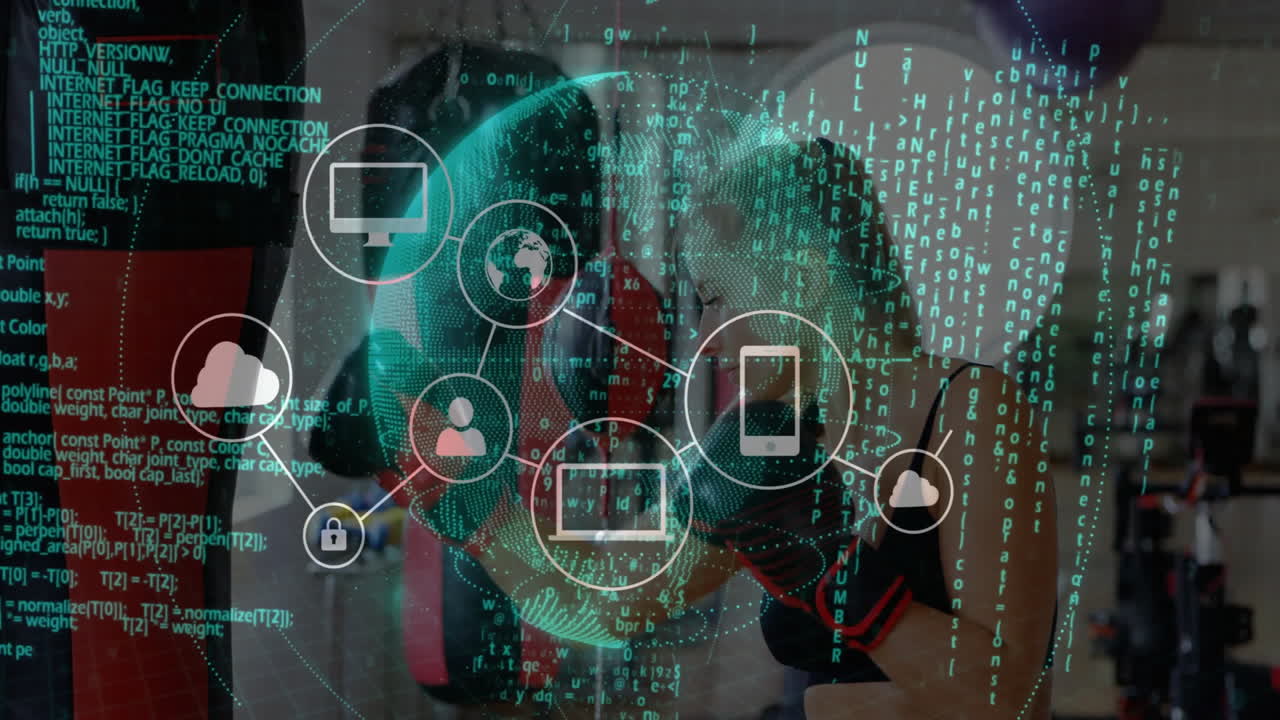 woman punching bag in gym, overlaying green code streams and cybersecurity icons