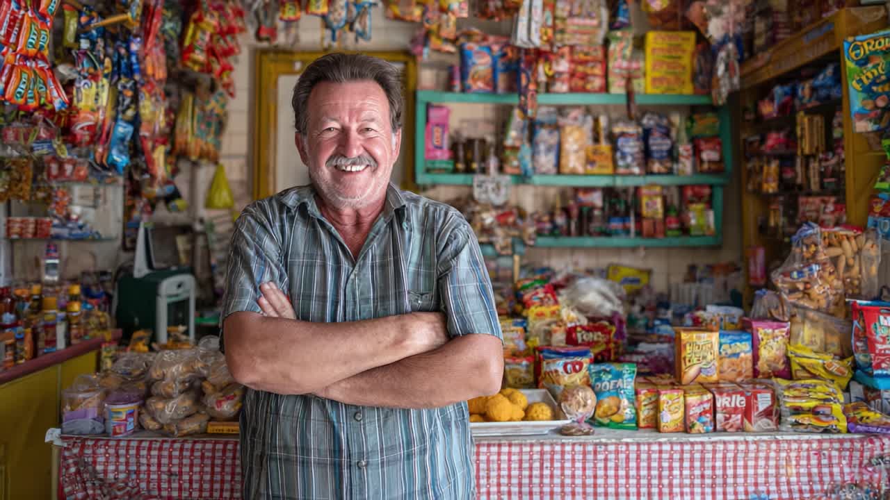 Charming Shopkeeper Smiling Amid Colorful Array of Snacks and Candies in a Vibrant Local Store, Conveying a Warm Community Spirit and Joyful Trade Atmosphere