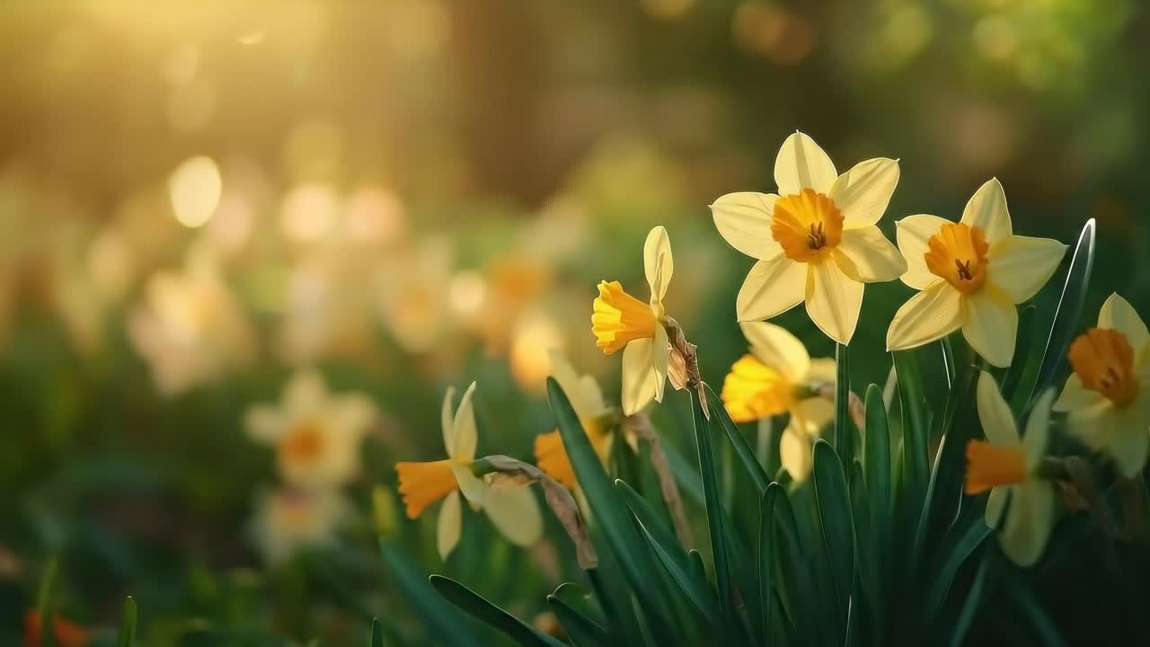 Close-up video of daffodils in soft sunlight, capturing a serene, natural atmosphere