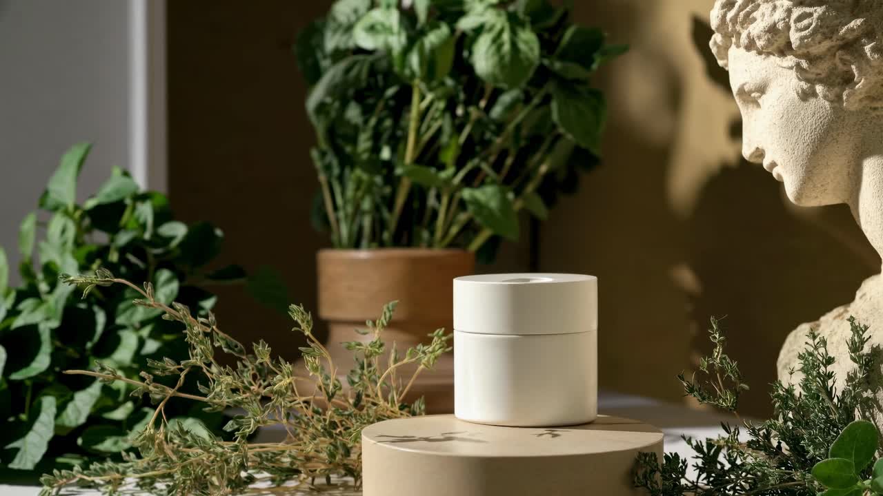 Aesthetic video concept with a side angle view of a minimalist cream jar, surrounded by lush