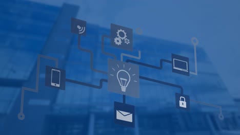 animación de una red de iconos digitales frente a una vista de ángulo bajo de edificios altos