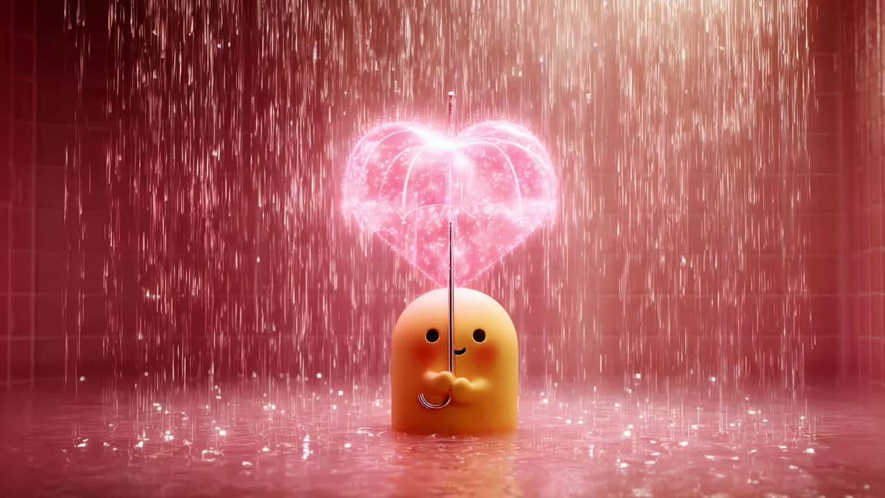 A cheerful yellow character stands under a sparkling heart-shaped umbrella in a whimsical shower of cascading water, evoking feelings of joy, love, and playfulness in a colorful setting