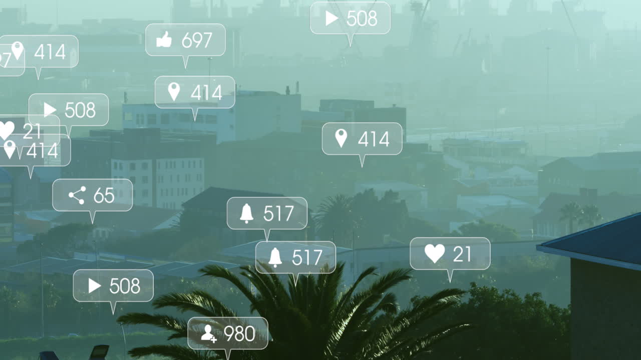 소셜 미디어 아이콘의 애니메이션과 도시 풍경에 대한 데이터 처리