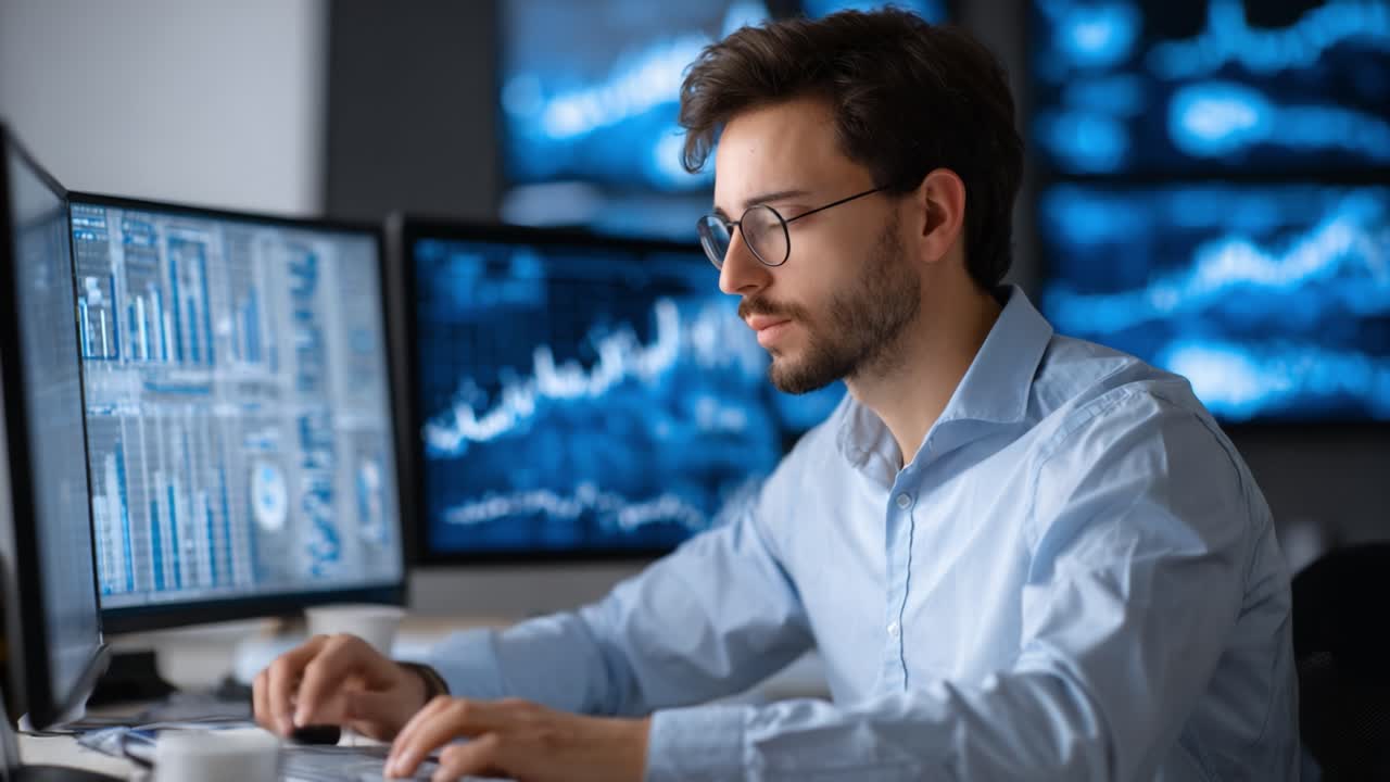 Focused Analyst Reviewing Financial Data on Multiple Monitors Amid Complex Graphs and Metrics for Informed Decision-Making in a Modern Workspace