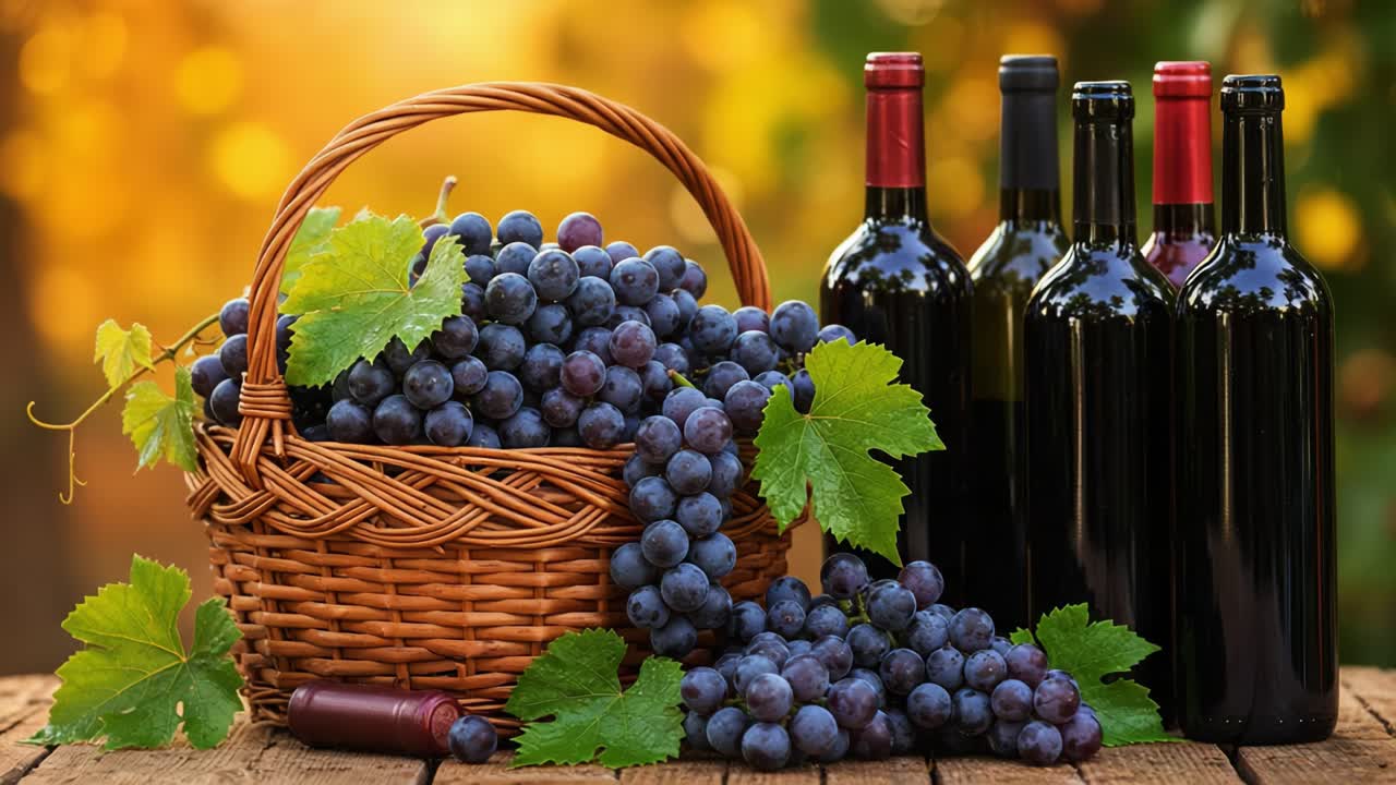 A Beautiful Basket Overflowing with Fresh Grapes Beside Elegant Wine Bottles Against a Warm, Blurred Background of Nature's Glow