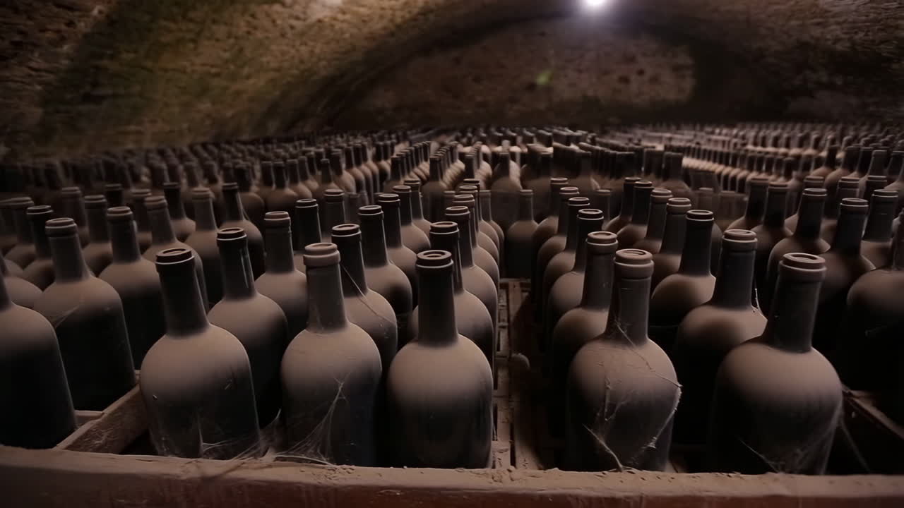 Dusty Wine Bottles in an Ancient Underground Cellar