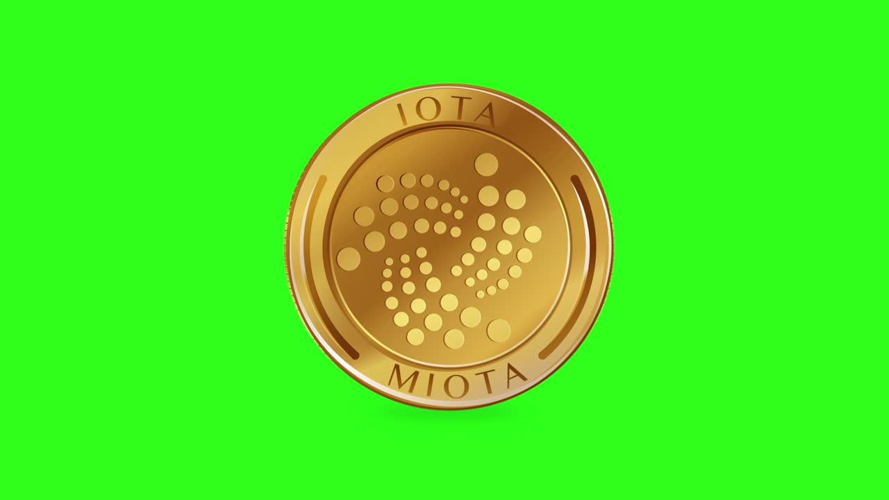 una animación de 20 segundos de una moneda iota giratoria contra un fondo verde vibrante, que muestra el movimiento dinámico y el tema de la moneda digital