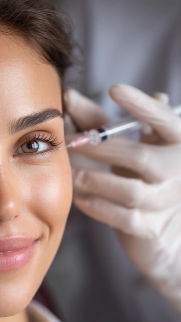 Punti salienti della procedura estetica: Primi piani di una cliente che riceve un'iniezione cosmetica per il ringiovanimento facciale e trattamenti di bellezza avanzati.