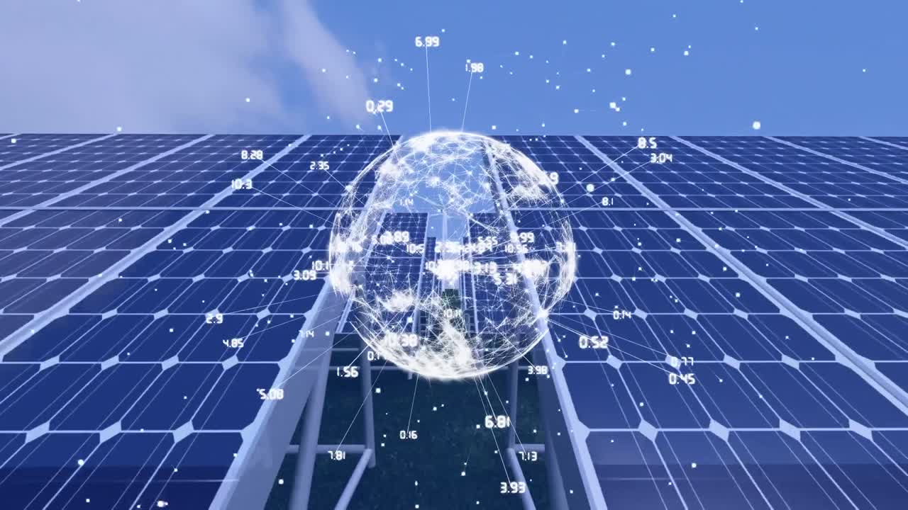 풍력 터빈과 태양 전지 패널과 화이트 글로브 및 네트워크 연결