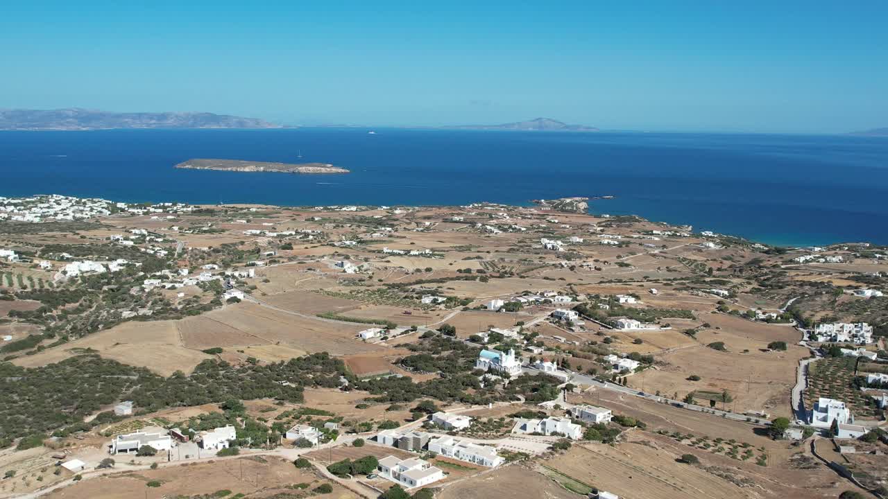 Aerial views from over the the Greek Island of Paros in the Aegean Sea