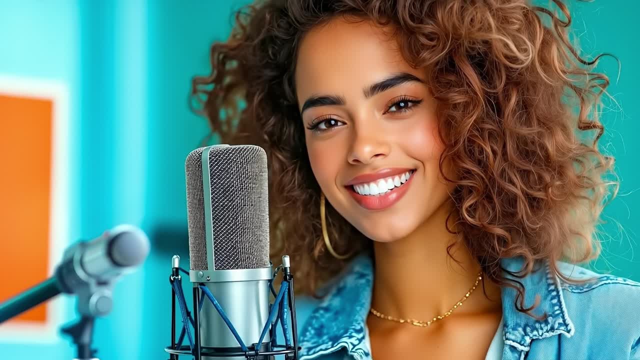 A woman with curly hair smiles while singing into a microphone