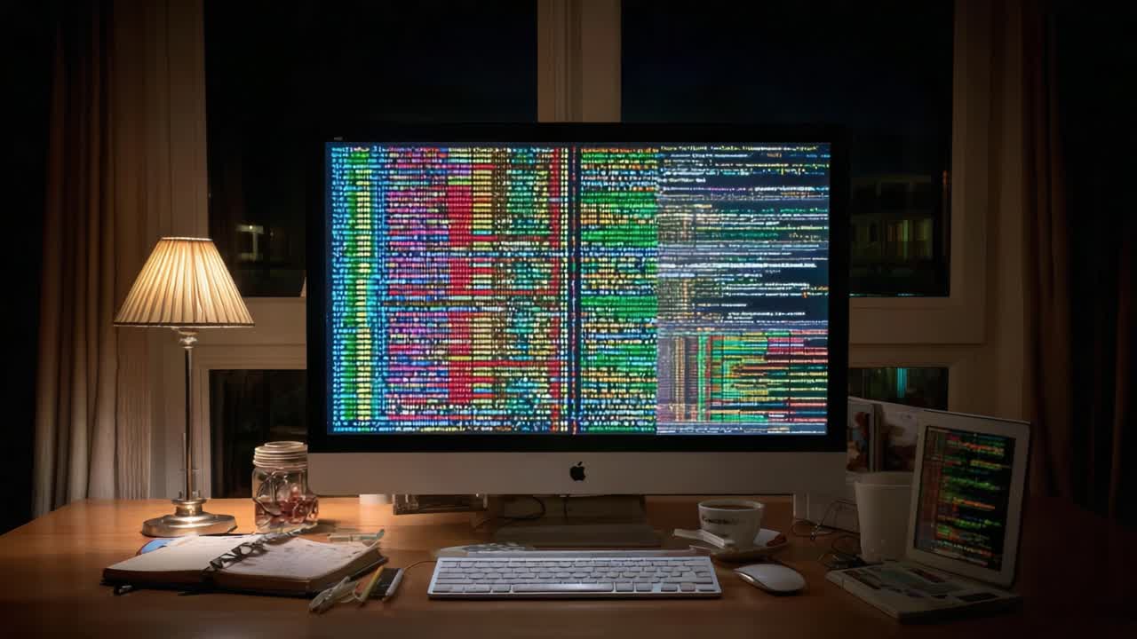 A Programmer's Workspace Captured at Night: Illuminated Screens Displaying Colorful Lines of Code Alongside Essential Workstation Items in a Cozy Environment
