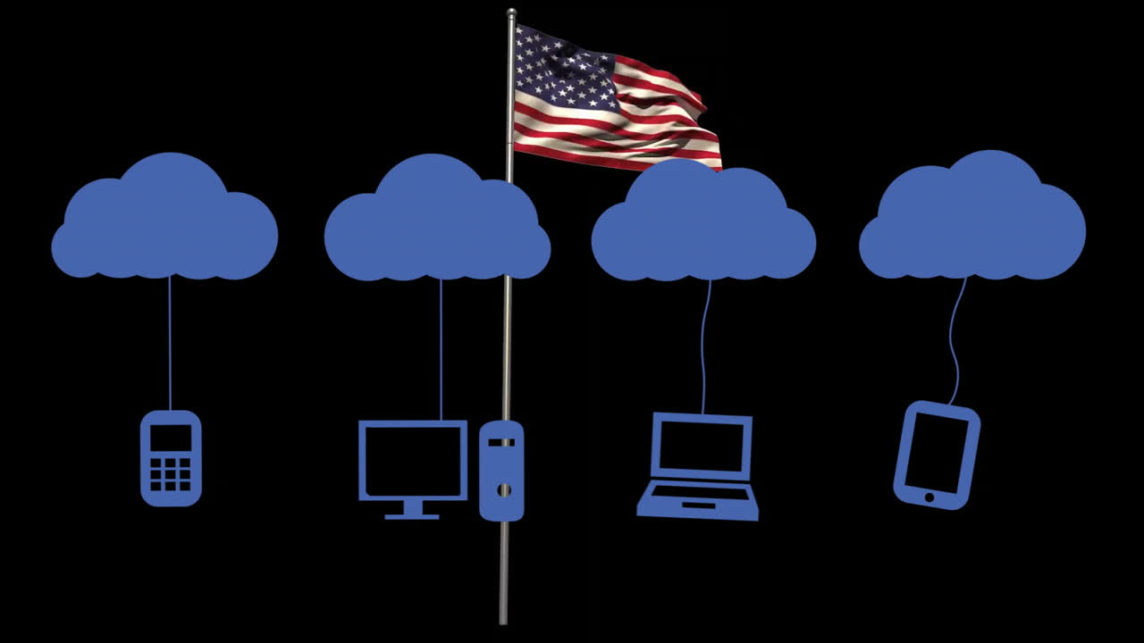 American flag background with cloud icons connecting to devices in animation style