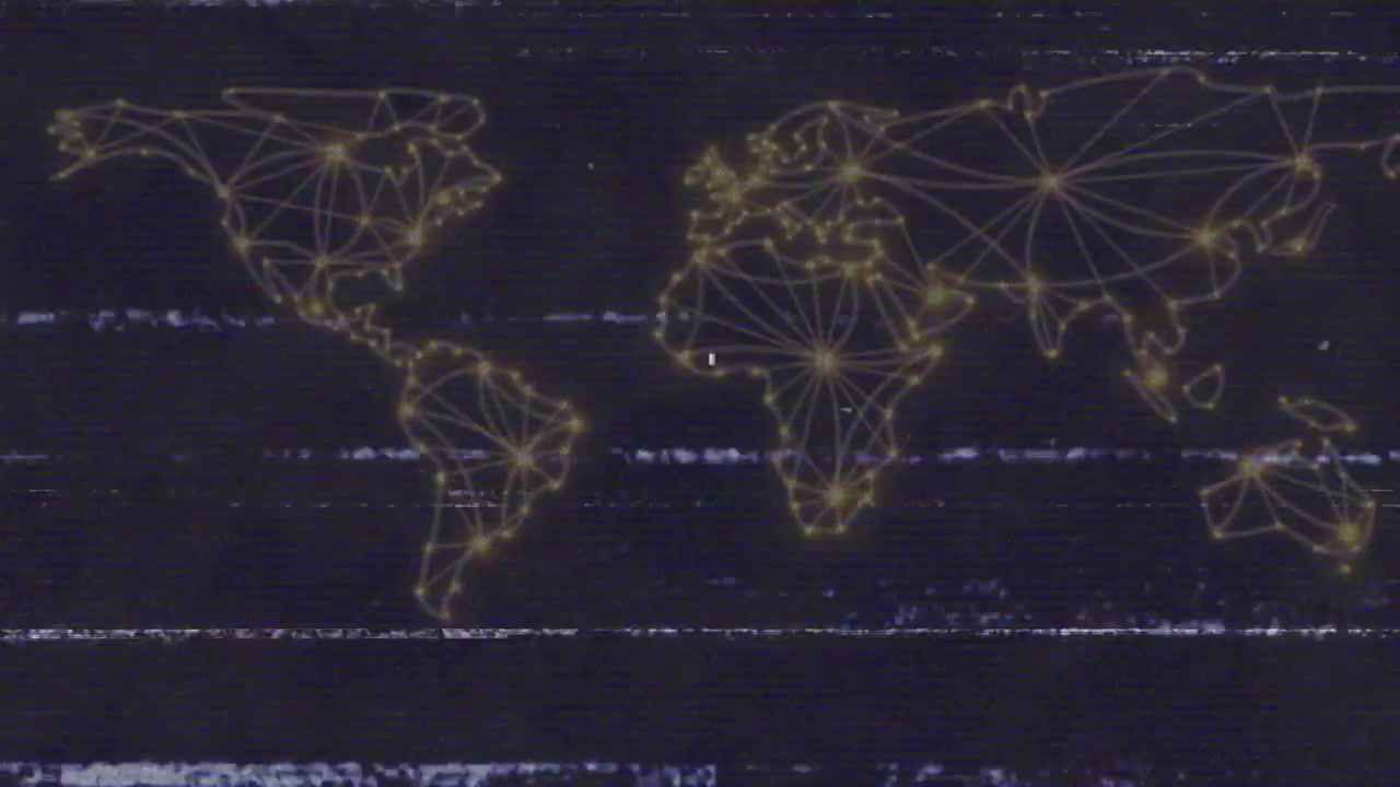 With glitch lines rippling, golden nodes coalescing into world map, visualizing global network