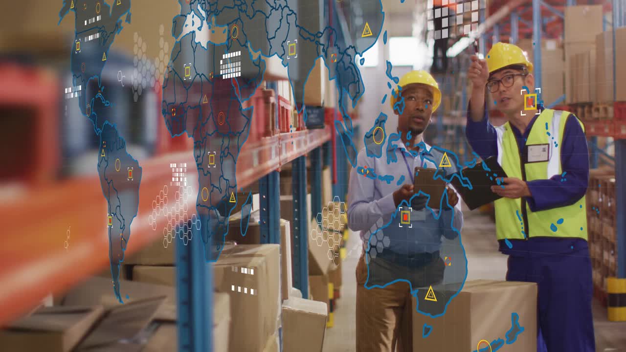 Supervisor tapping tablet while coworker pointing up, causing warehouse data map to locate shelf