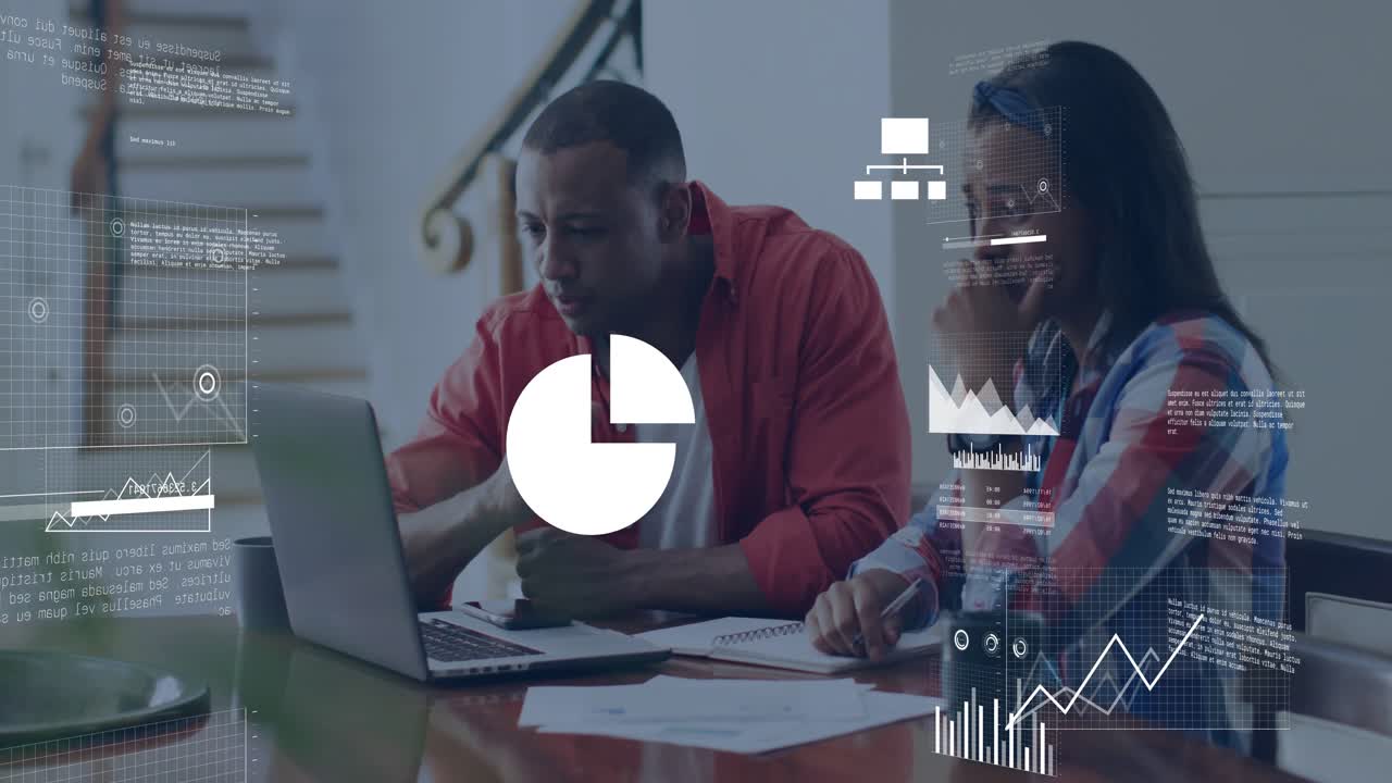 Couple working at home table reviewing budget, data overlays appearing on laptop guiding decisions