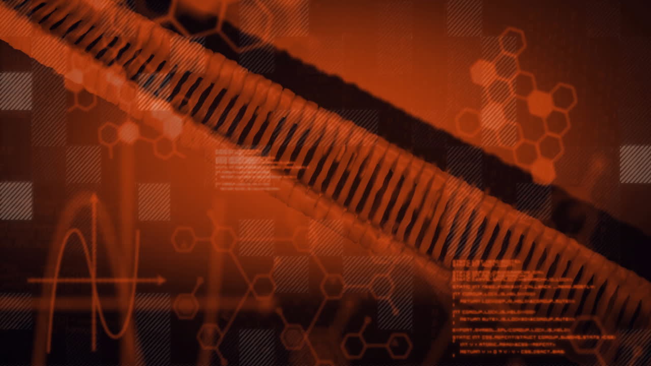 animación de procesamiento de datos científicos sobre un fondo abstracto naranja y negro
