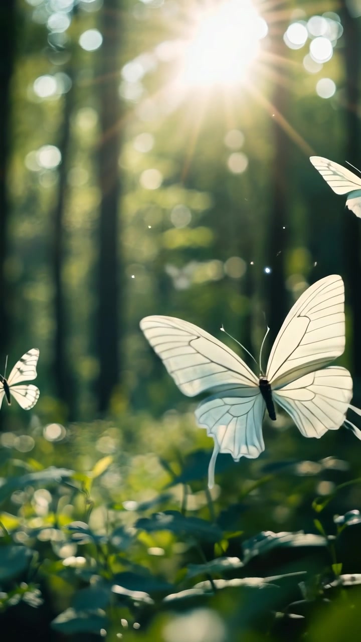 Farfalle bianche magiche svolazzanti in una foresta illuminata dal sole