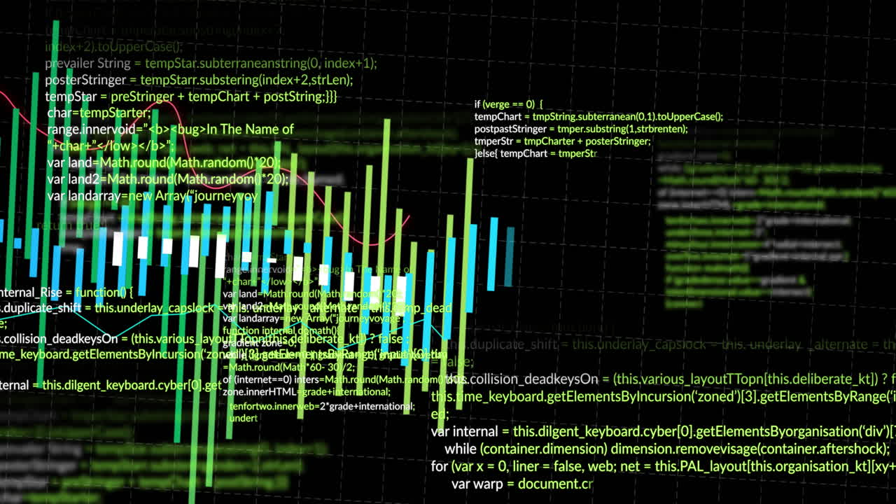 Animation of financial data processing over black background