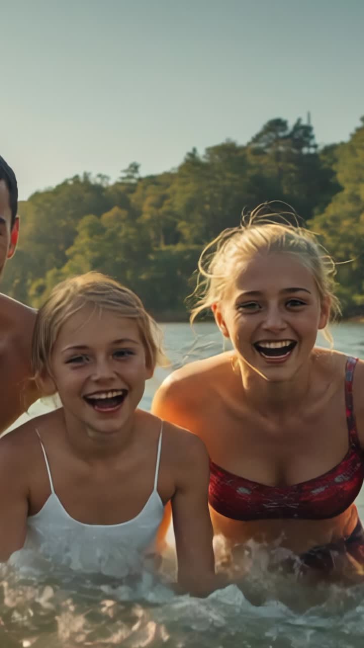 Video verticale: papà che sposta il peso tenendo le figlie in costume da bagno, inclinato nel lago con un'onda che si alza