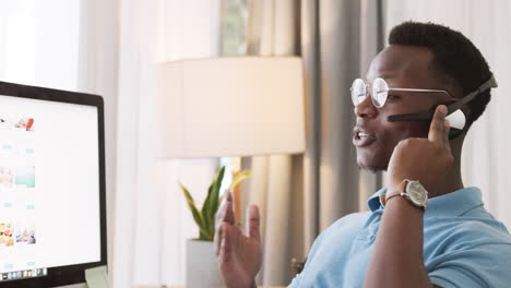 Home-office,-phone-call-and-black-man-with-headset