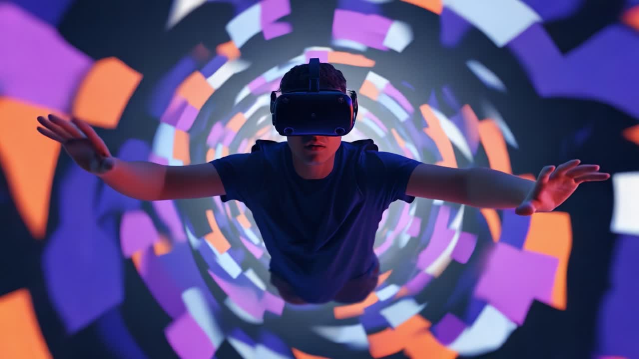 Immersive Virtual Reality Experience: A Young User Engaged in a Dynamic Digital Environment, Surrounded by Colorful Patterns and Vivid Visuals While Wearing a VR Headset