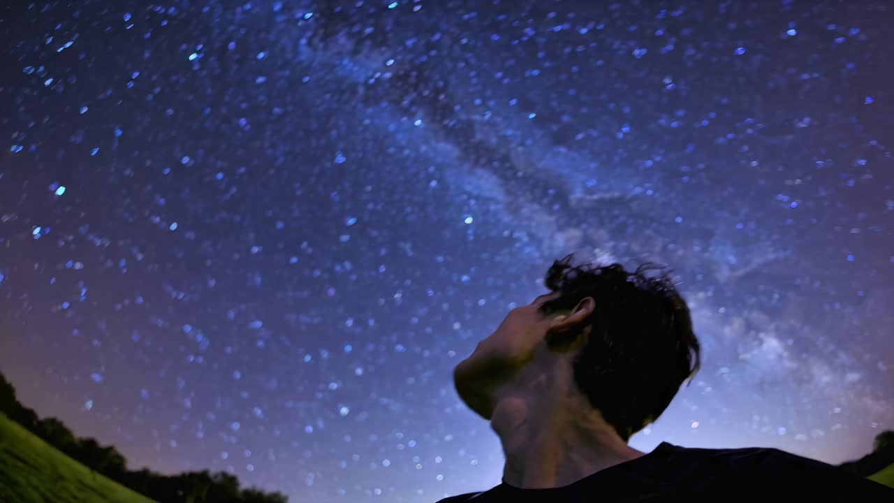 A low-angle shot of a person gazing at a starry night sky, capturing a sense of wonder