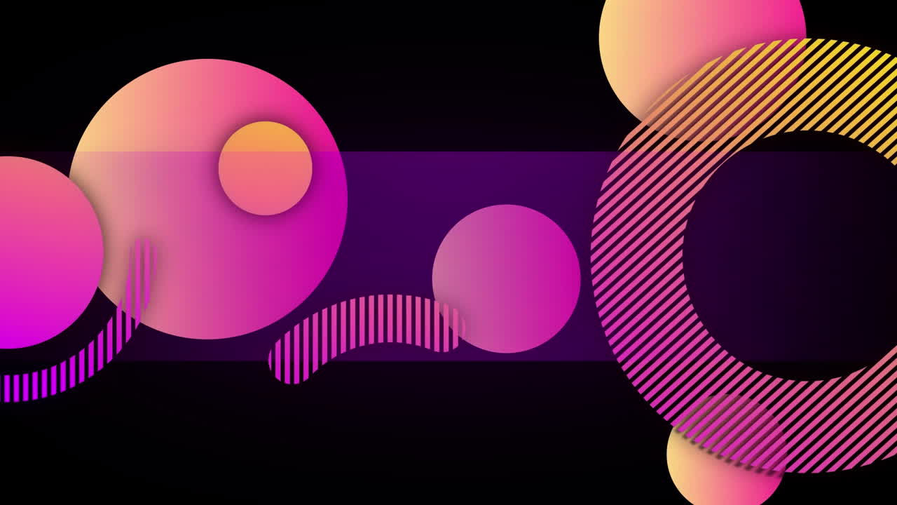 Animation of orange and pink spheres, curves and rings, floating on black background
