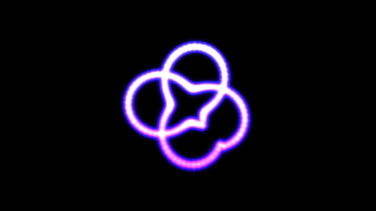 푸른 네온 장식 스노우플레이크는 회전하고 멋진 기하학적 패턴으로 변합니다. 겨울 아이콘은 소용돌이 요소가 빛나고, 빛나고, 회전하고, 반이고, 모양을 바니다.