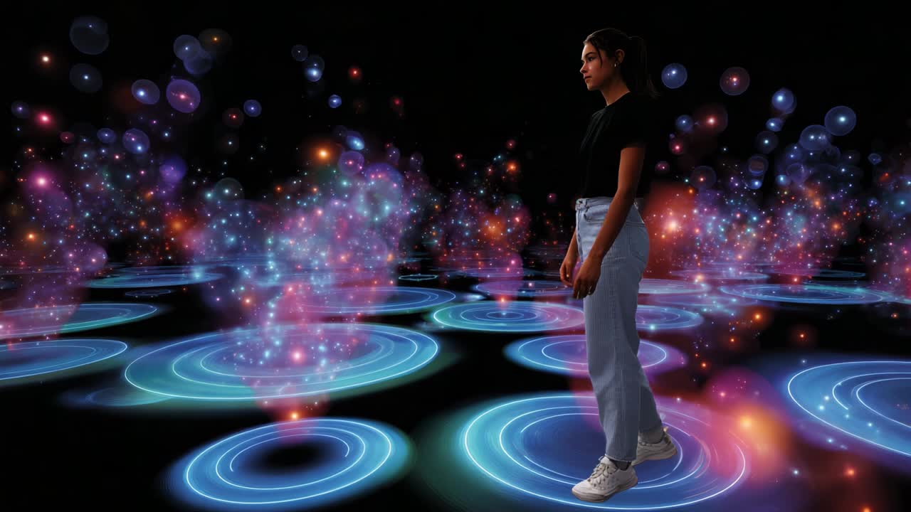 A stunning visualization featuring a figure standing amidst vibrant swirling light patterns and glowing orbs, set against a dark background that enhances the magical atmosphere and highlights the artistic elements of light and space