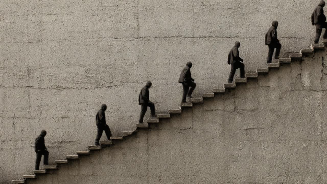 A Visual Representation of Progress: Capturing the Journey of Multiple Figures Ascending and Descending a Staircase in a Stylized Artistic Scene
