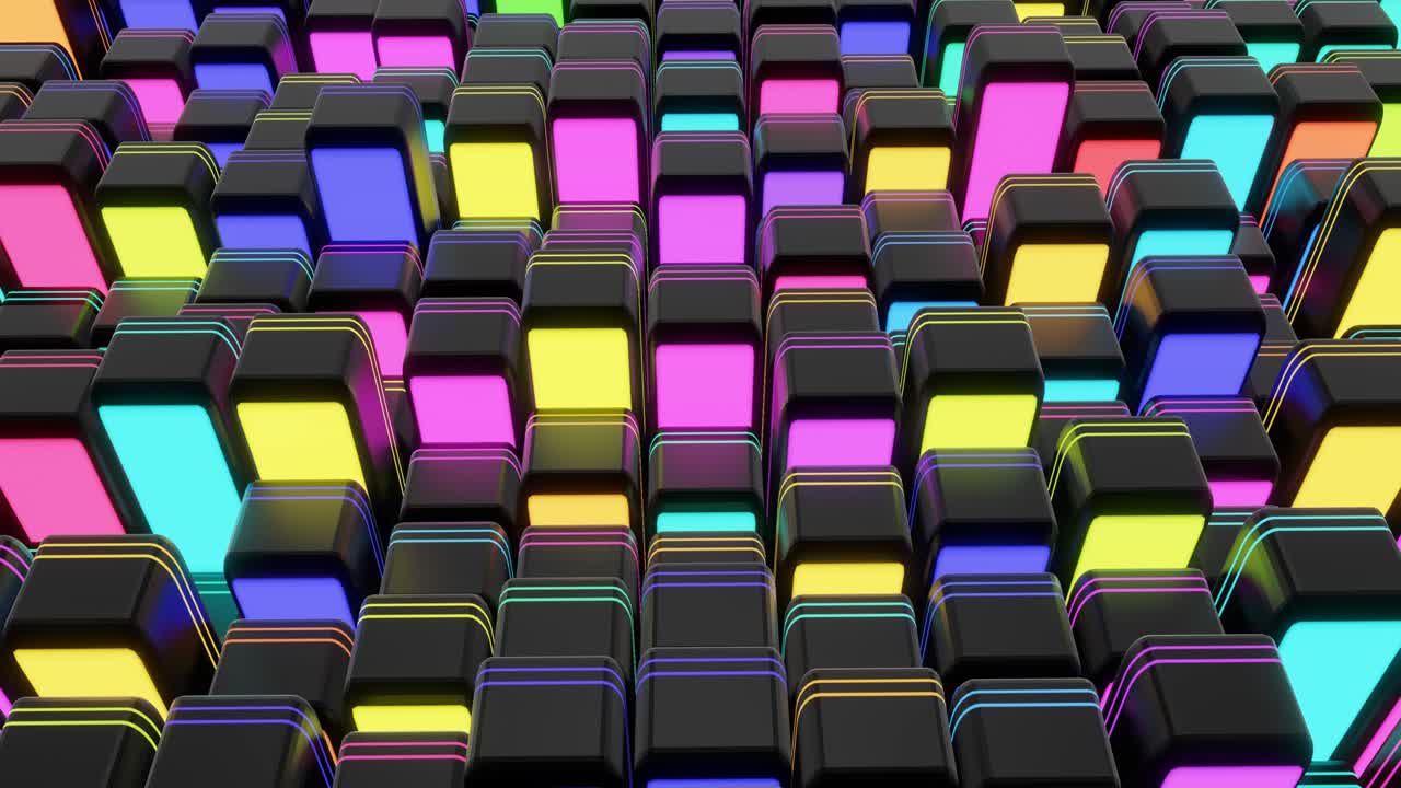 4r bucle fondo oscuro con bloques abstractos en plano como dispositivos con iluminación de pantalla con luz de neón multicolor. bg para espectáculos festivos o eventos de vacaciones, conciertos, videos musicales, vj para clubes nocturnos.
