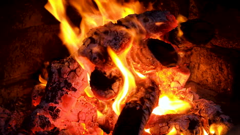 close up shot of dancing flames of campfire, red hot coals