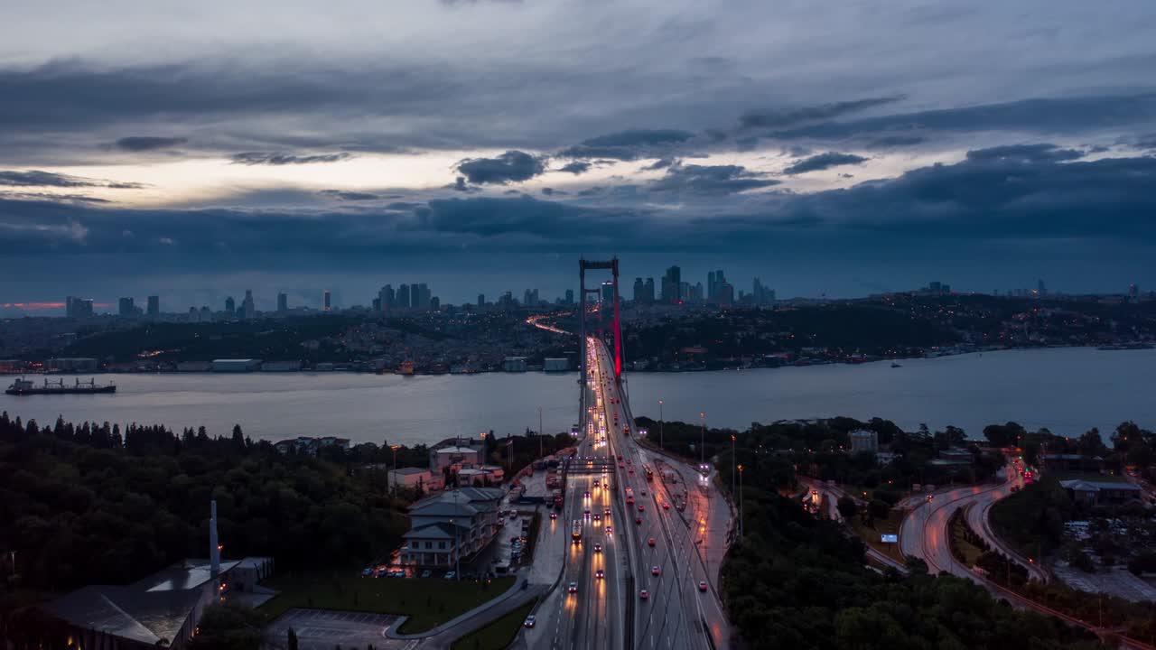 이스탄불 보스포루스 다리의 공중 풍경: 터키의 4k 하이퍼스