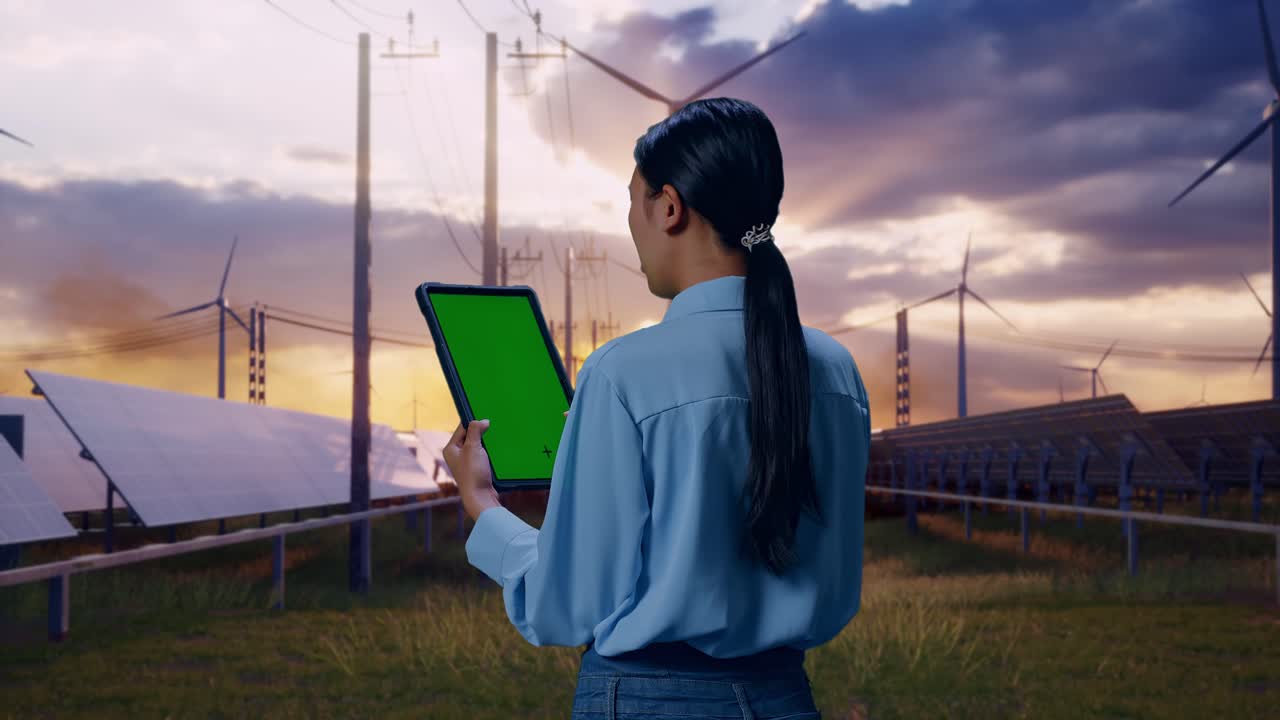 Back View Of Asian Female With Solar Panel and Wind Turbines, Checking On Tablet With Green Screen And Look At Wind Turbines Farm