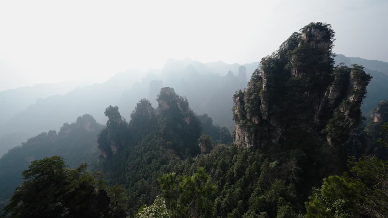 Fog blankets layers of towering forested peaks in Zhangjiajie, with vertical cliffs rising sharply from the dense jungle floor below