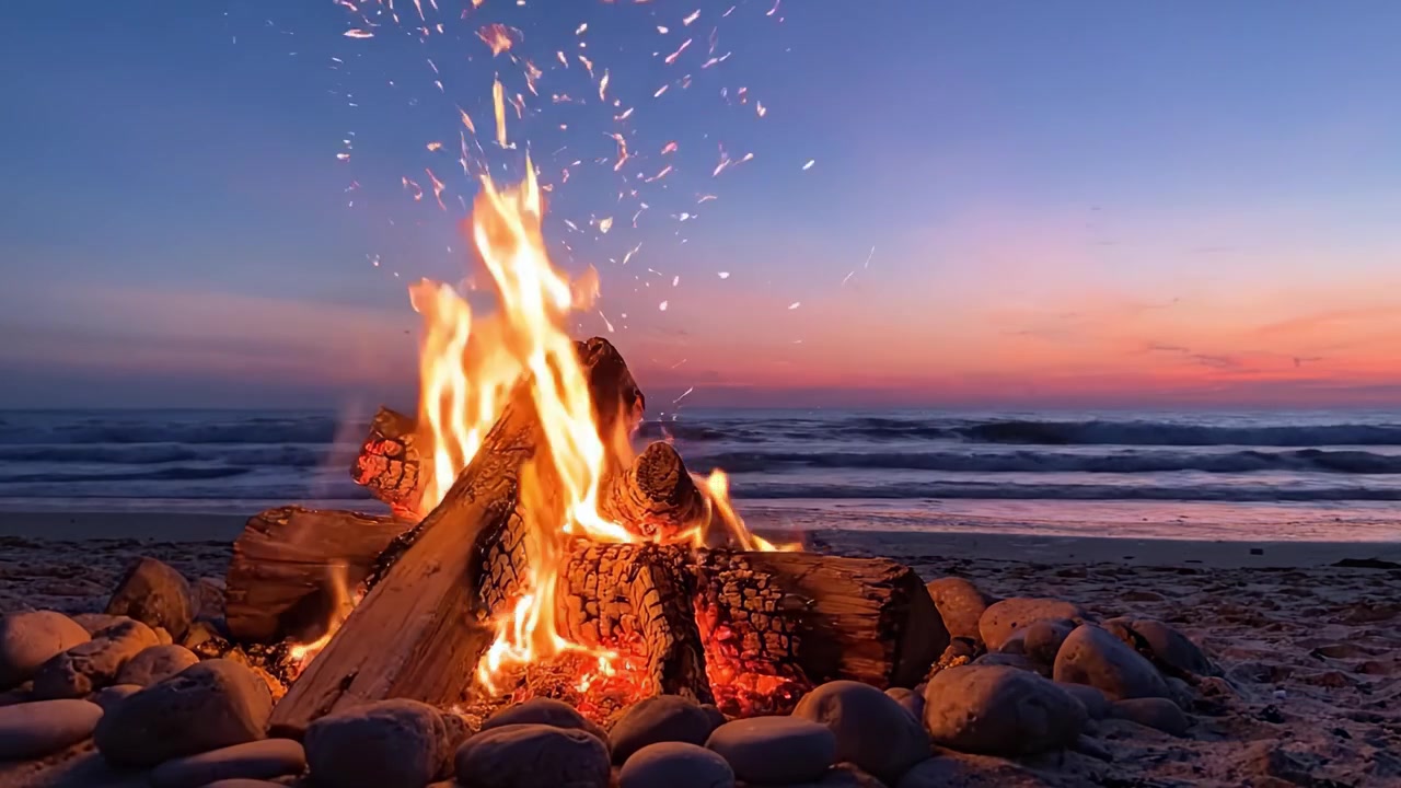 Un Falò Tranquillo in Spiaggia al Tramonto: Abbracciando la Serenità della Natura con Calore e Incanto tra le Onde dell'Oceano