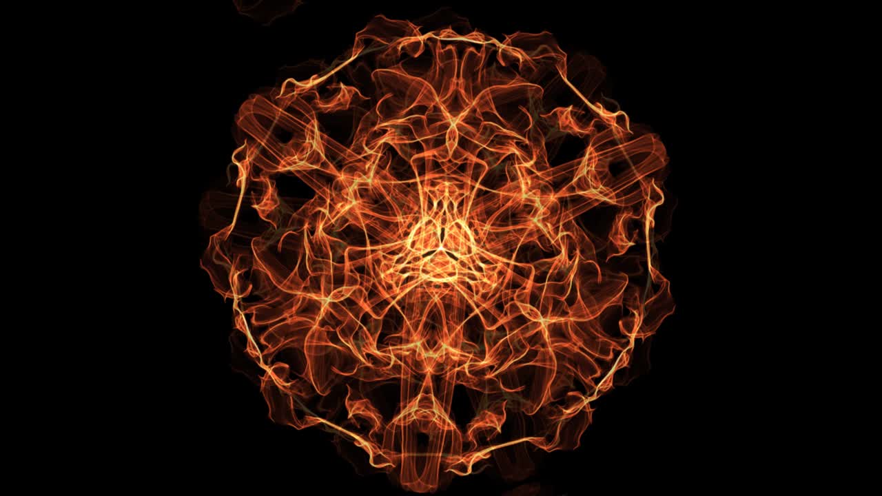 mandala animada fractal de fuego, video abstracto en naranja, rojo y amarillo, buena forma simétrica