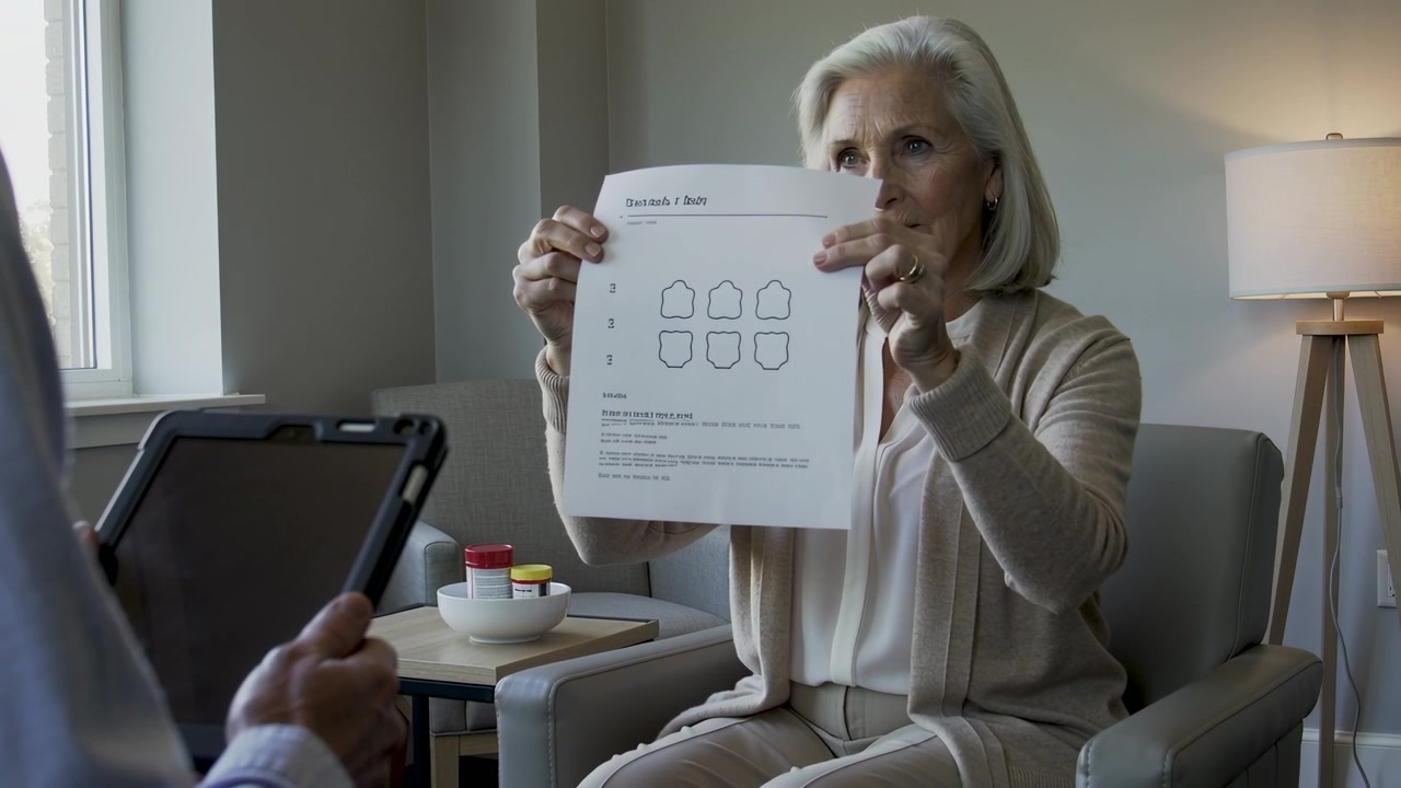 Donna anziana con cardigan beige in clinica allinea il foglio del test al tablet del medico dopo il segnale