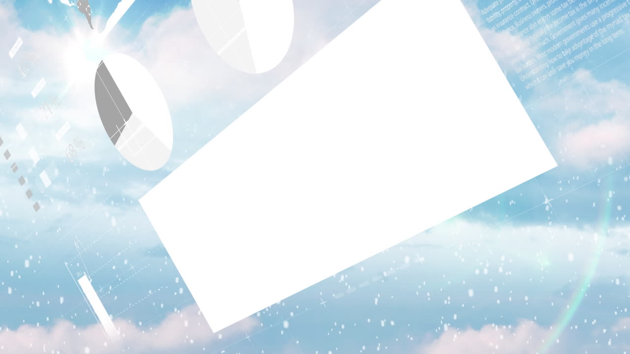 눈이 떨어지는 애니메이션과 구름이 있는 하늘 위의 데이터 처리