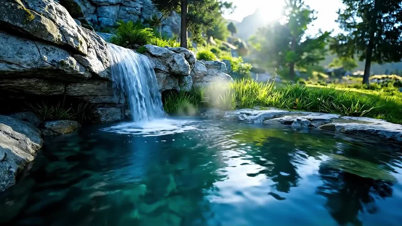 A small waterfall in the middle of a small pond