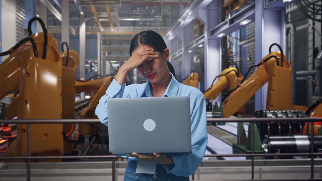 Asian Female With Her Laptop With Industrial Robotic Arms Working, She Is Nodding Her Shead With Dissapionted